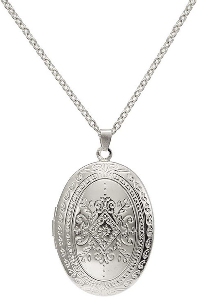 SCRDPRAD Vintage Engraved Flower Empaistic Photo Locket Hold Picture Oval Round Pendant Necklace Antique Carved Pattern Souvenir Memorial Clavicle Sweet Jewelry for Women - Image 1